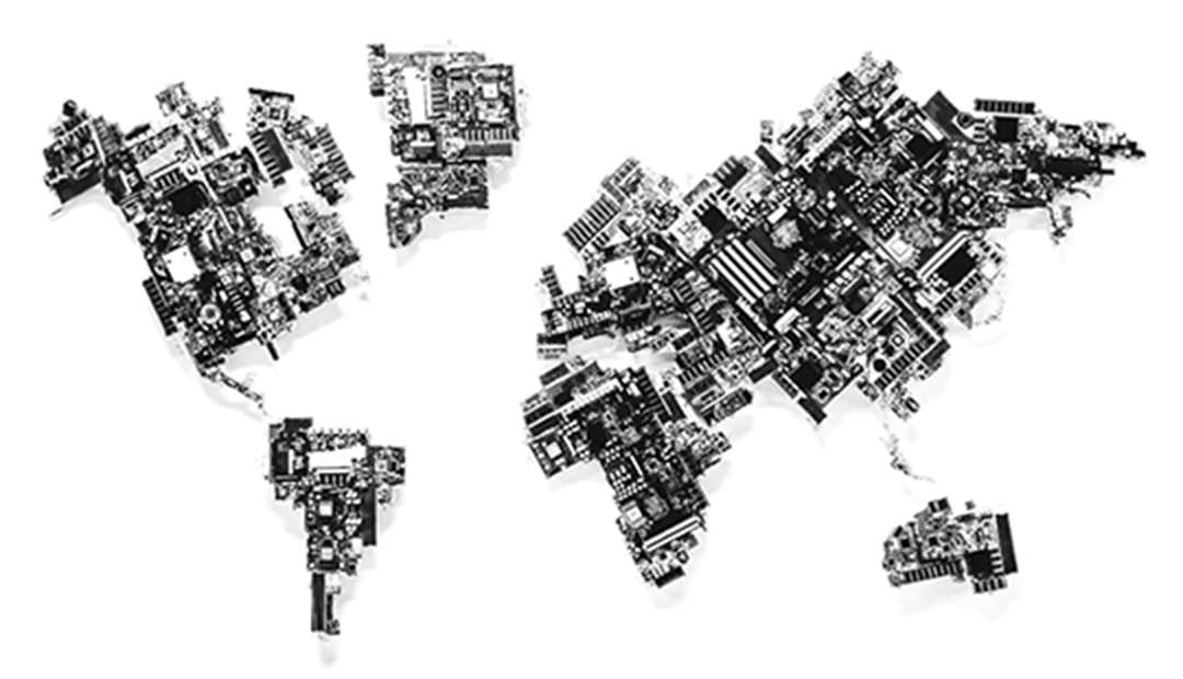 world map made from computer chips